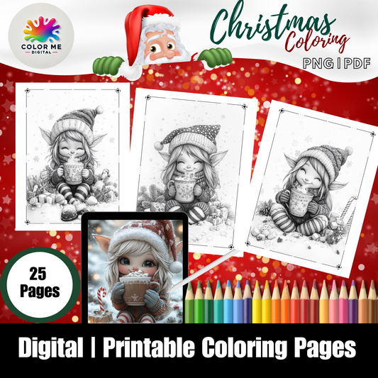 Cute Whimsical Elf Printable Christmas Coloring Book Pages